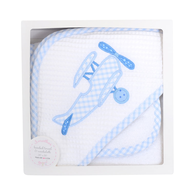 Blue Plane Hooded Towel and Wash Cloth Set - Little Threads Inc. Children's Clothing