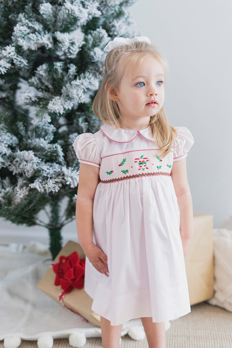 Girl's Pink candy cane smocked dress - Little Threads Inc. Children's Clothing
