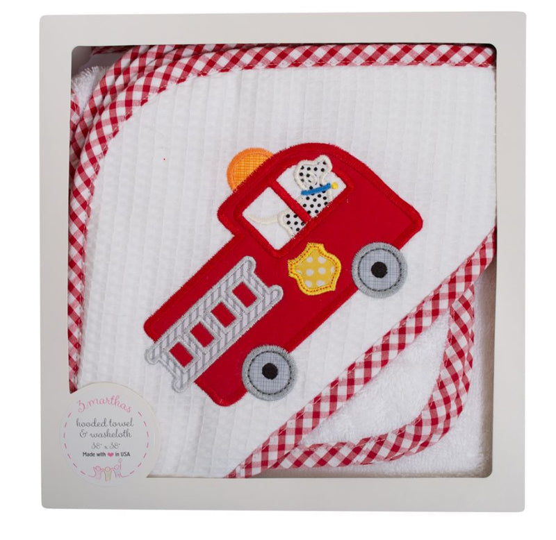 Firetruck and wash cloth baby hooded towel - Little Threads Inc. Children's Clothing