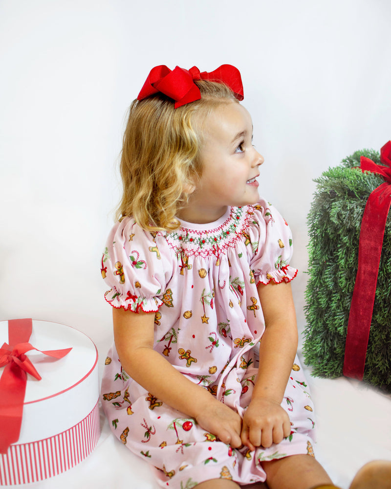 Christmas Gingerbread hand smocked  Pima cotton girl bishop - Little Threads Inc. Children's Clothing