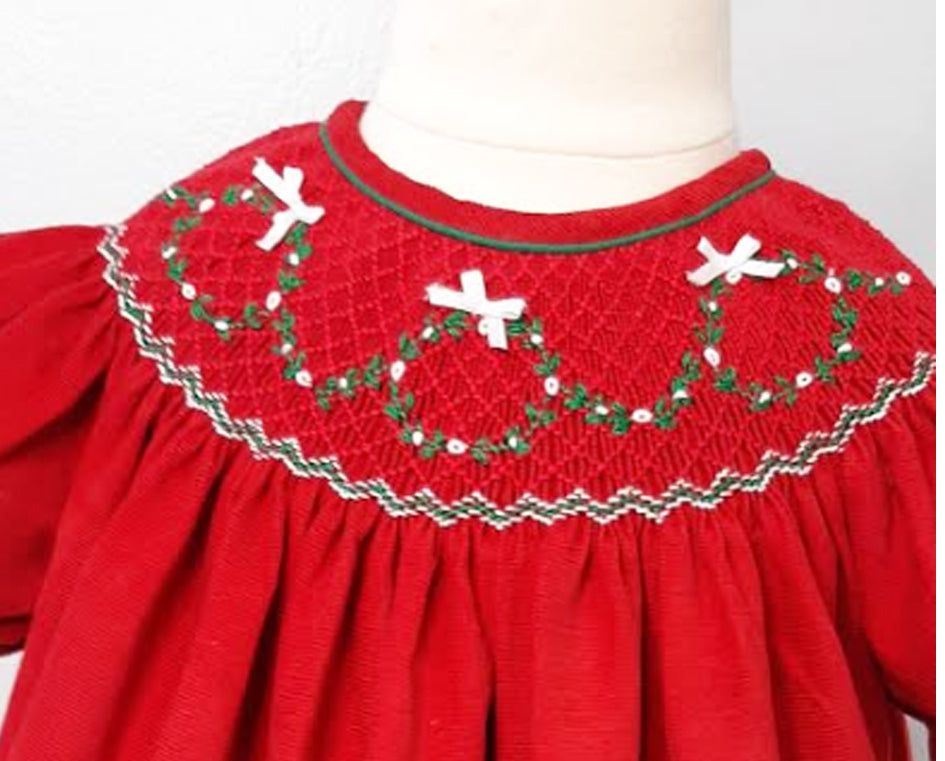 Christmas wreath Baby Girl hand smocked bishop - Little Threads Inc. Children's Clothing