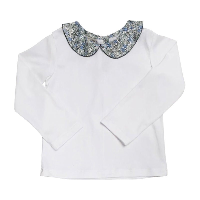 White Pima cotton Knit Printed floral Peter Pan Collar Girl's Top - Little Threads Inc. Children's Clothing