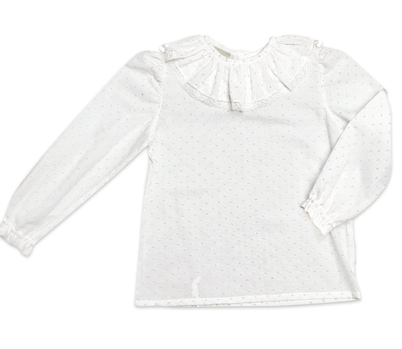 White and ecru Dots Plumetti Lace ruffle Girl's Blouse - Little Threads Inc. Children's Clothing
