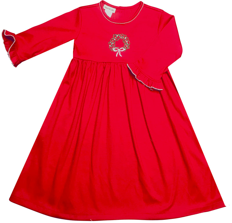 Christmas Wreath Red Knit Pima Cotton Girl's Dress - Little Threads Inc. Children's Clothing