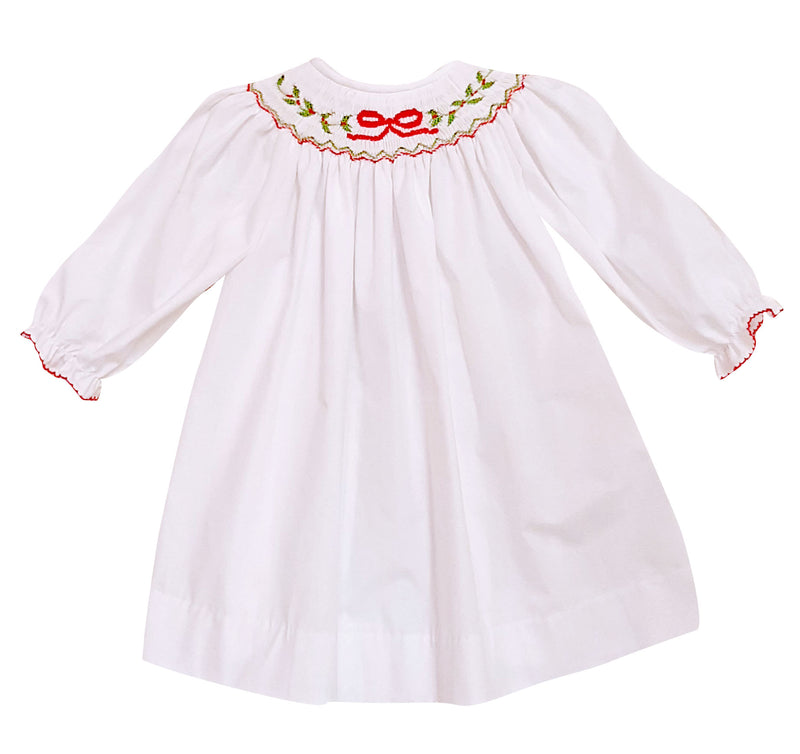 White Christmas Bows and Hollies smocked bishop - Little Threads Inc. Children's Clothing
