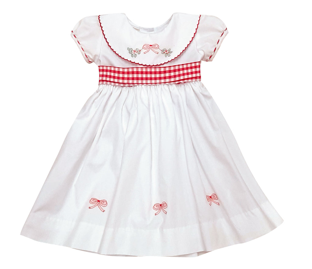 White Christmas Bows and hollies shadow work girls dress - Little Threads Inc. Children's Clothing