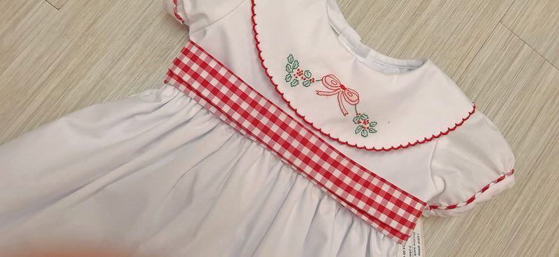 White Christmas Bows and hollies shadow work girls dress - Little Threads Inc. Children's Clothing