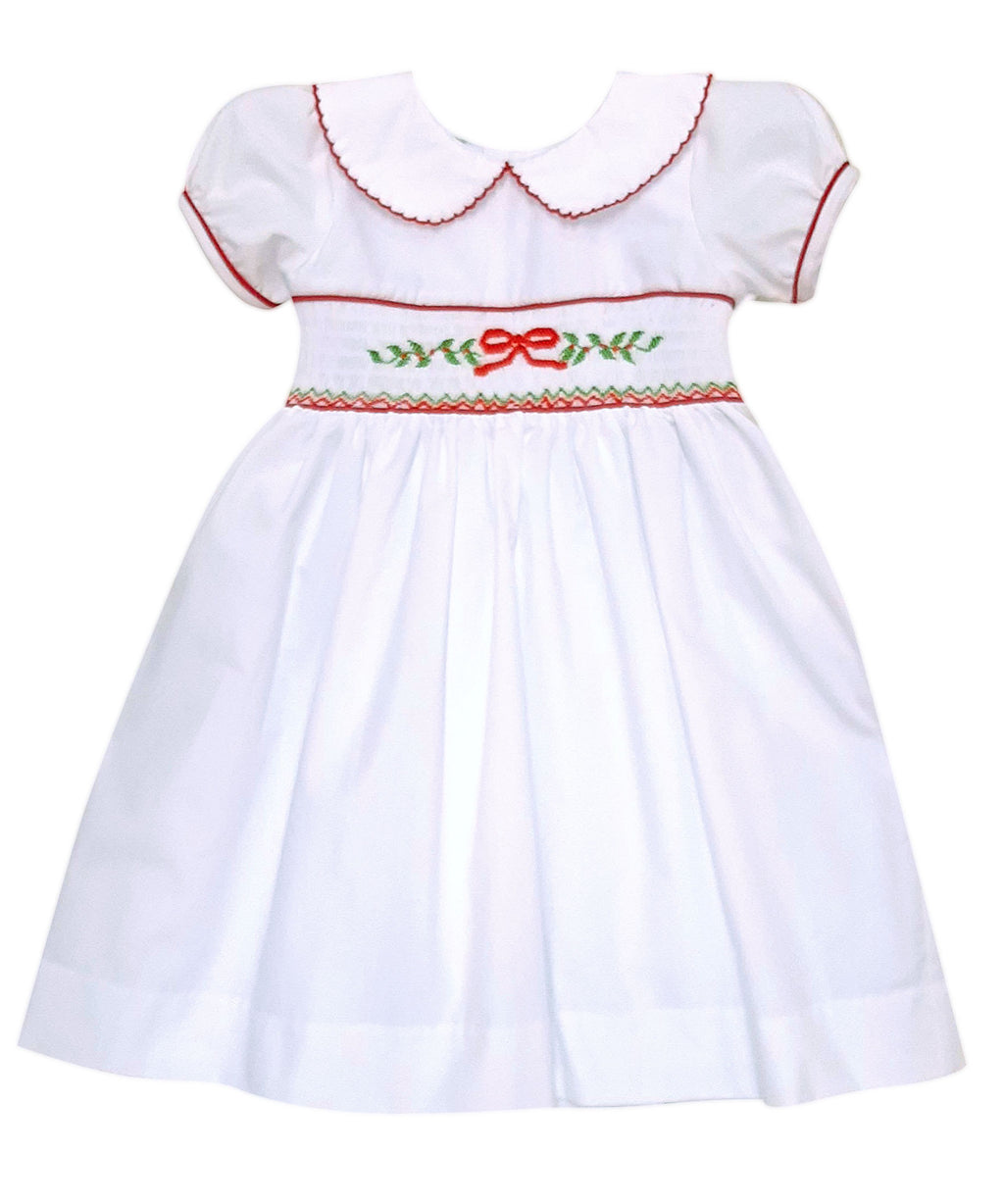 White Christmas Bows and hollies smocked dress - Little Threads Inc. Children's Clothing