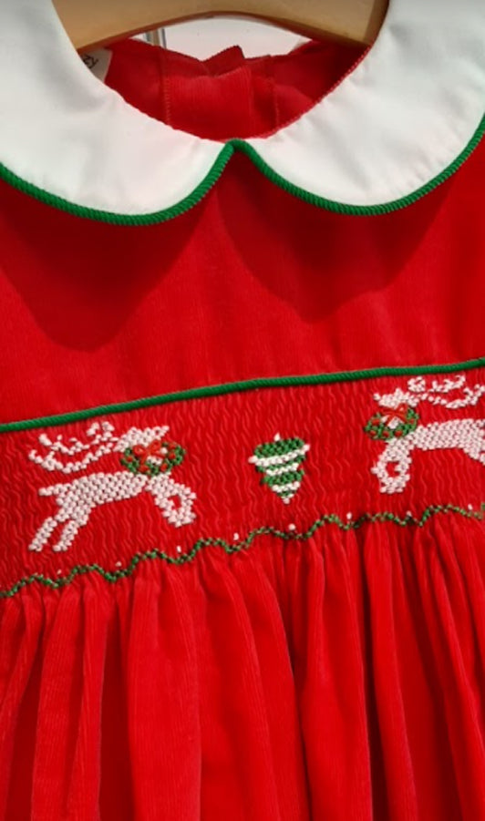 Red cord Reeindeer Smocked Dress - Little Threads Inc. Children's Clothing