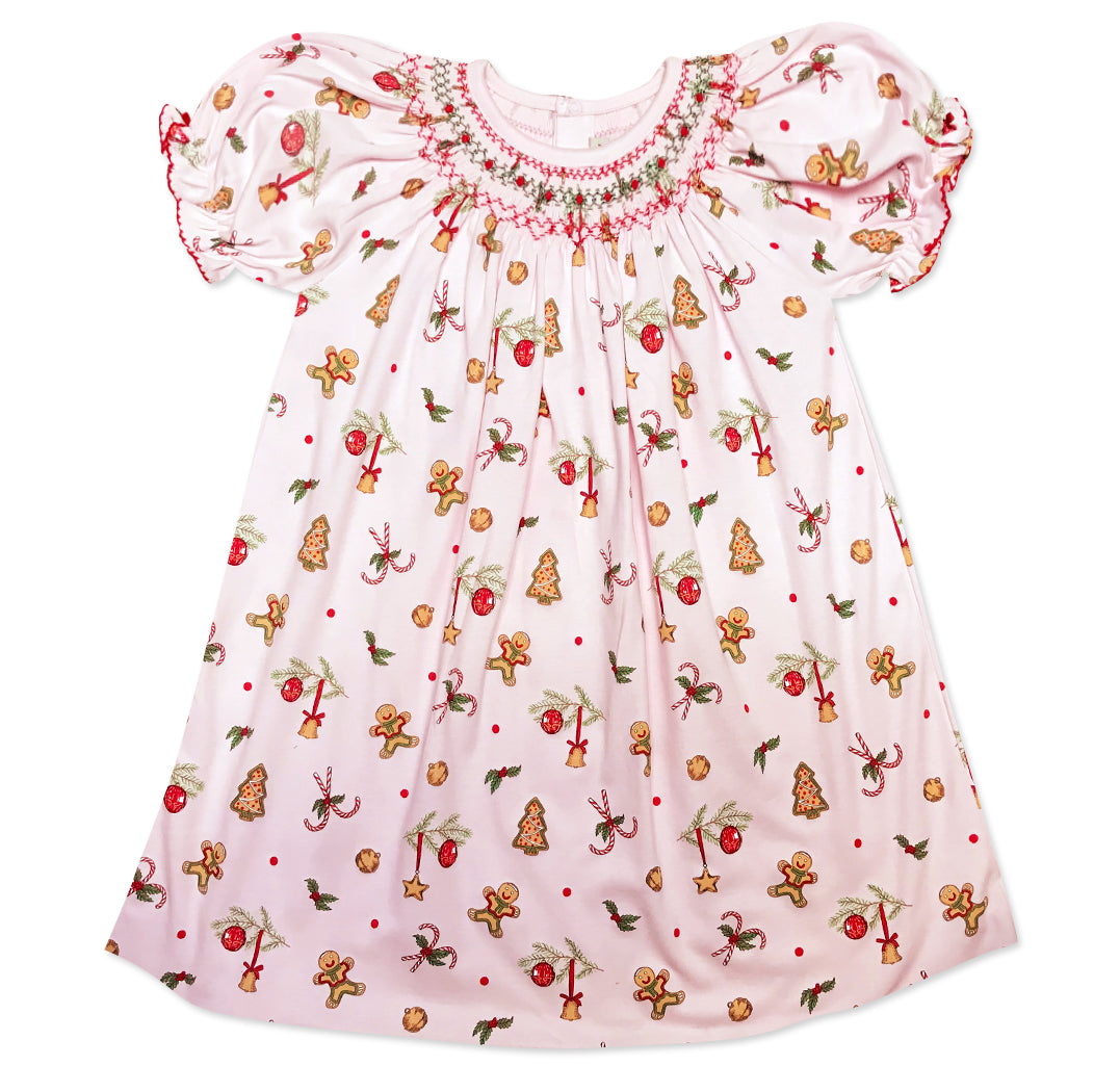 Christmas Gingerbread hand smocked  Pima cotton girl bishop - Little Threads Inc. Children's Clothing