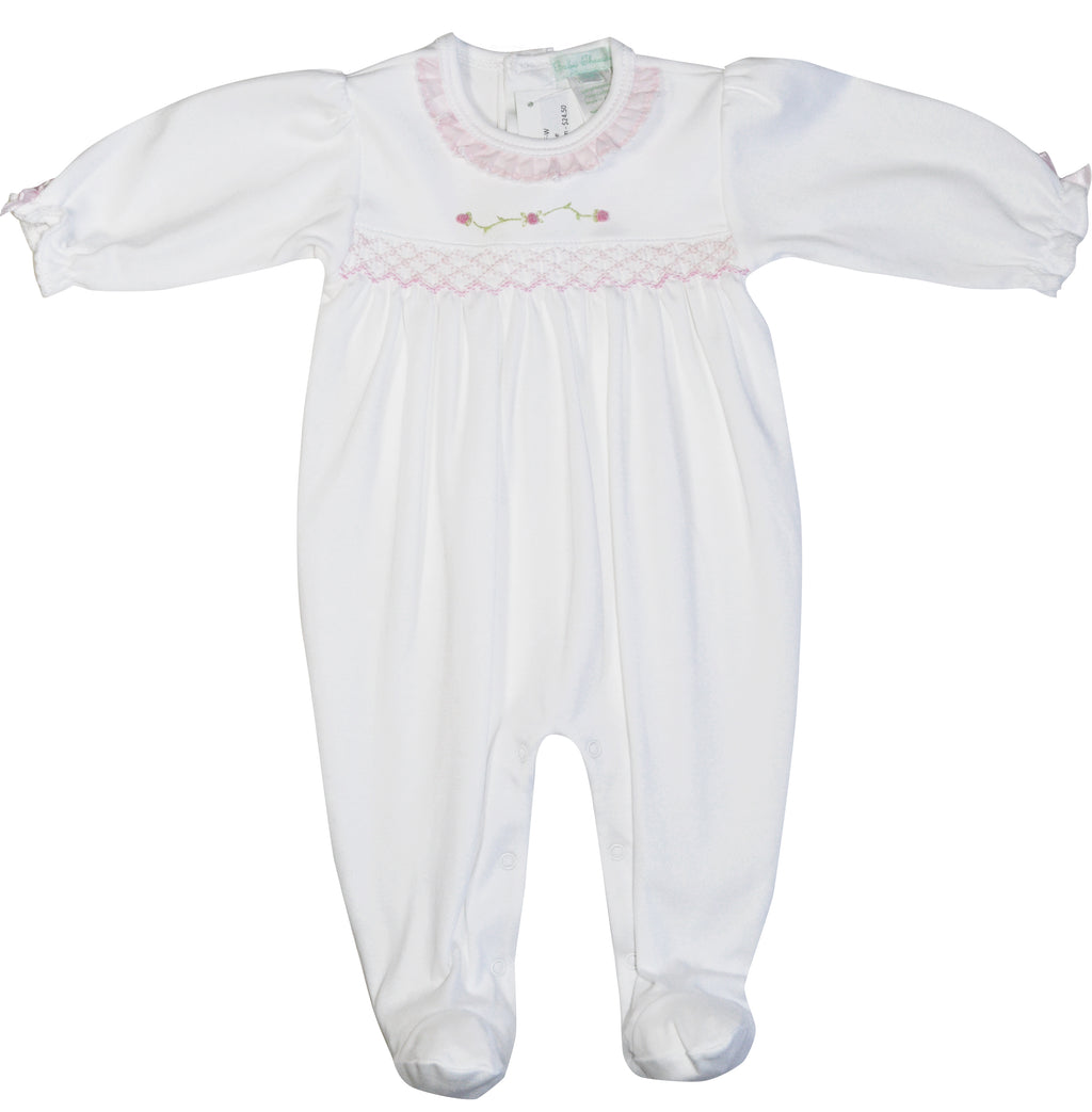 White Smocked Rose Vine Girl footie - Little Threads Inc. Children's Clothing