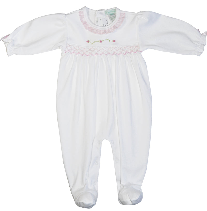 White Smocked Rose Vine Girl footie - Little Threads Inc. Children's Clothing