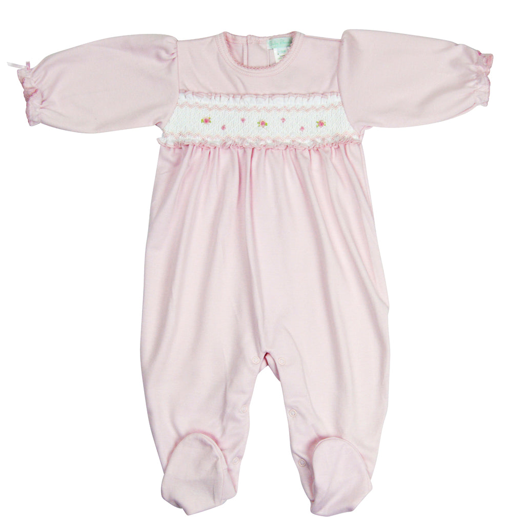 Baby Girl Pink Hand Smocked Rosebud Footie - Little Threads Inc. Children's Clothing