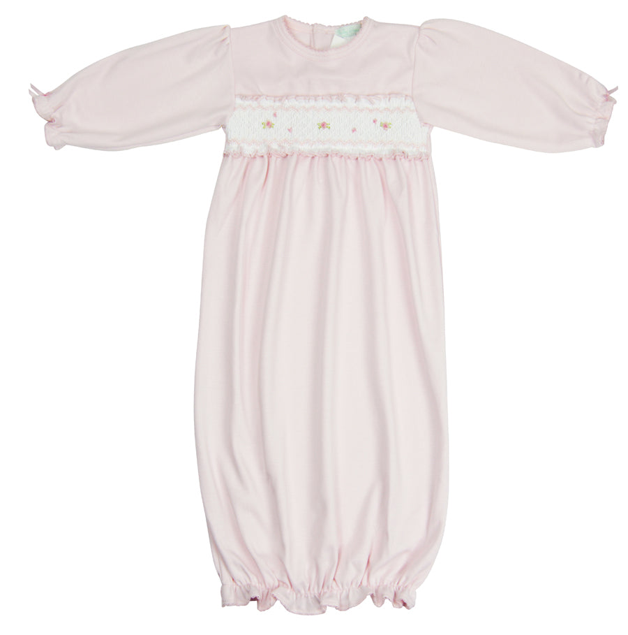 Baby girl Pink Hand Smocked Rosebud Daygown - Little Threads Inc. Children's Clothing