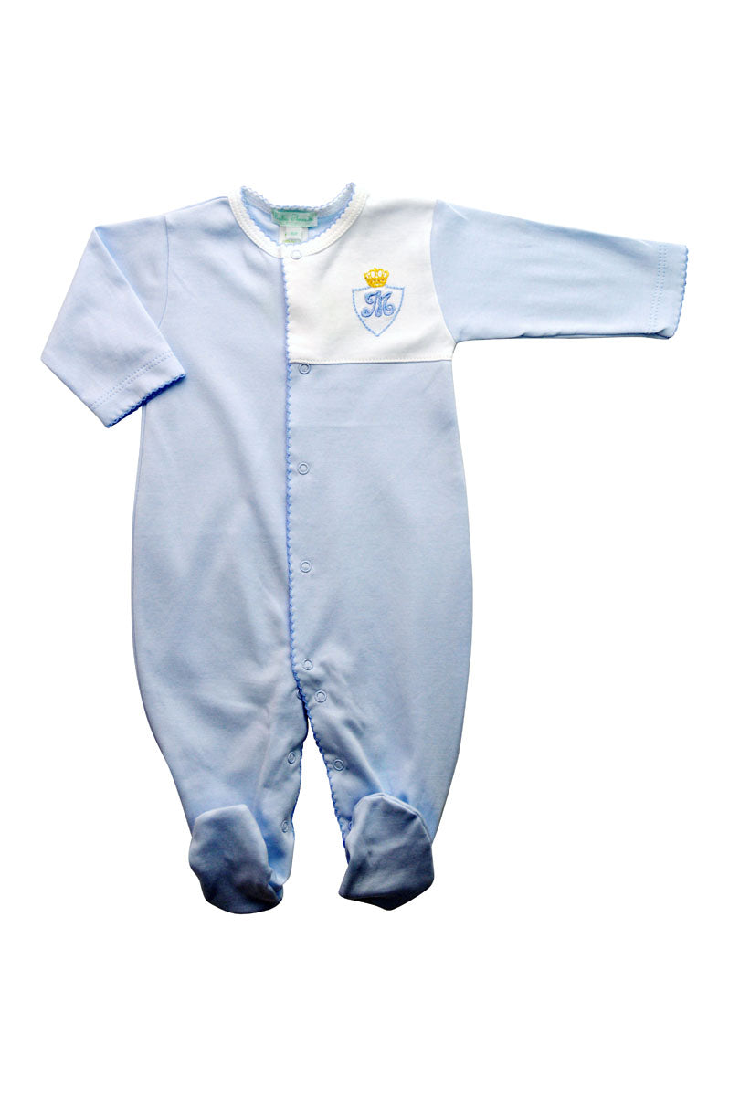 Baby Boy Blue Footie with Crown and Monogram - Little Threads Inc. Children's Clothing