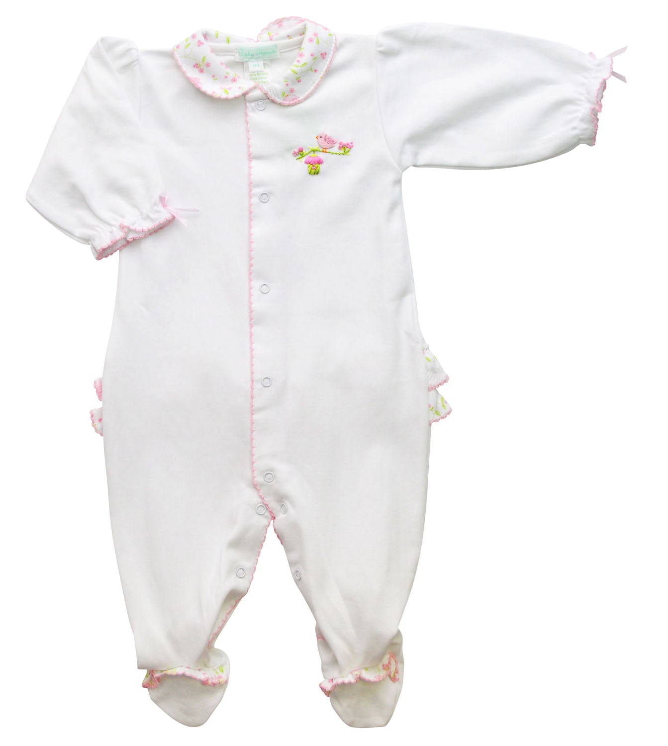 Birdcages and birds white pima cotton baby footie - Little Threads Inc. Children's Clothing
