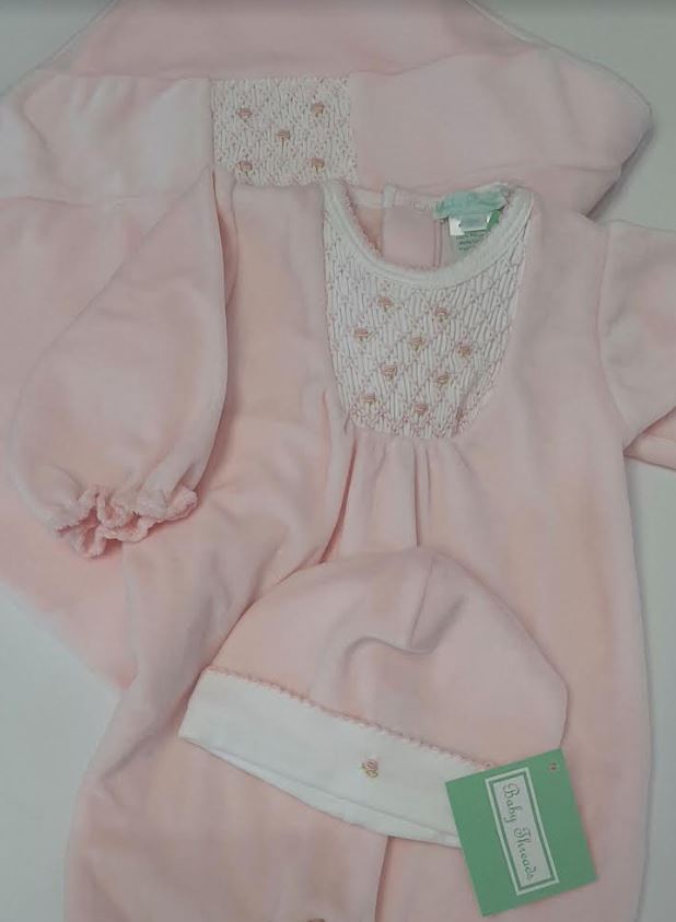 Pink Velour Hand Smocked Footie, blanket and hat Baby girls gift set. - Little Threads Inc. Children's Clothing
