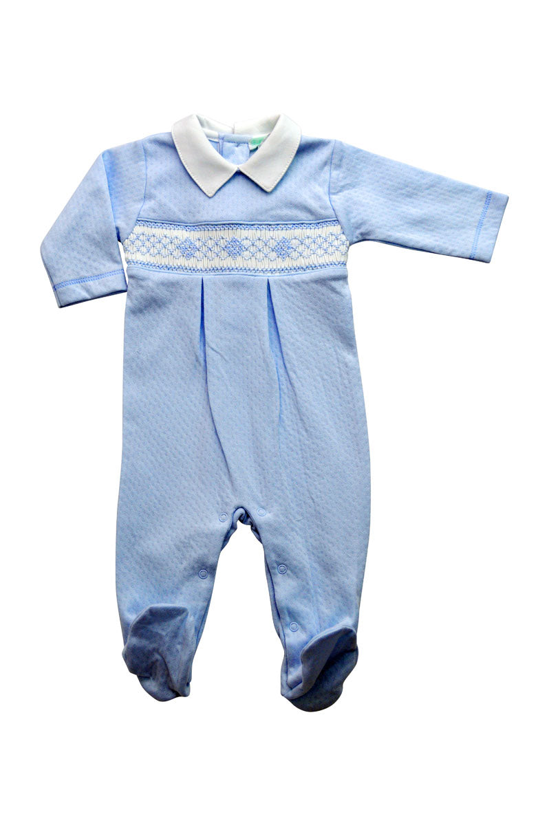Baby Boy's Blue Jacquard Hand Smocked Footie - Little Threads Inc. Children's Clothing