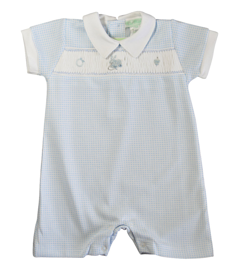 Baby Boy's Blue Check Smocked Bunny Romper - Little Threads Inc. Children's Clothing