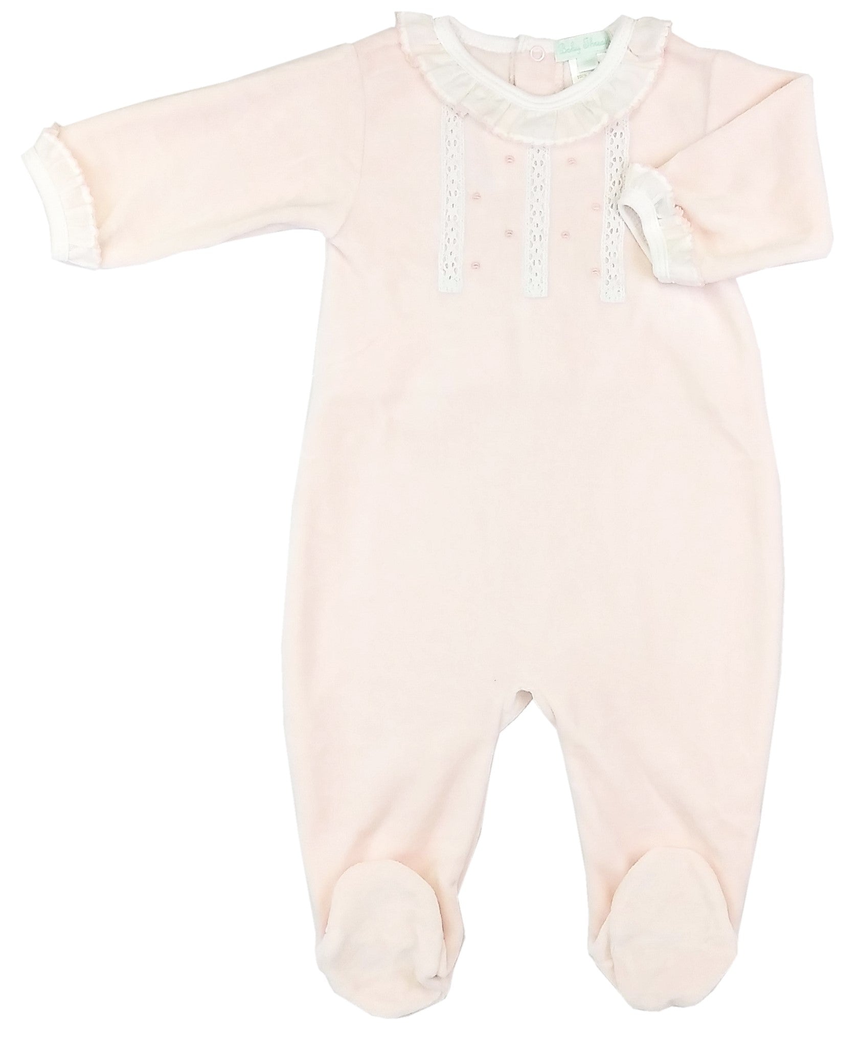 Pink Velour Lace and Flowers Footie - Little Threads Inc. Children's Clothing