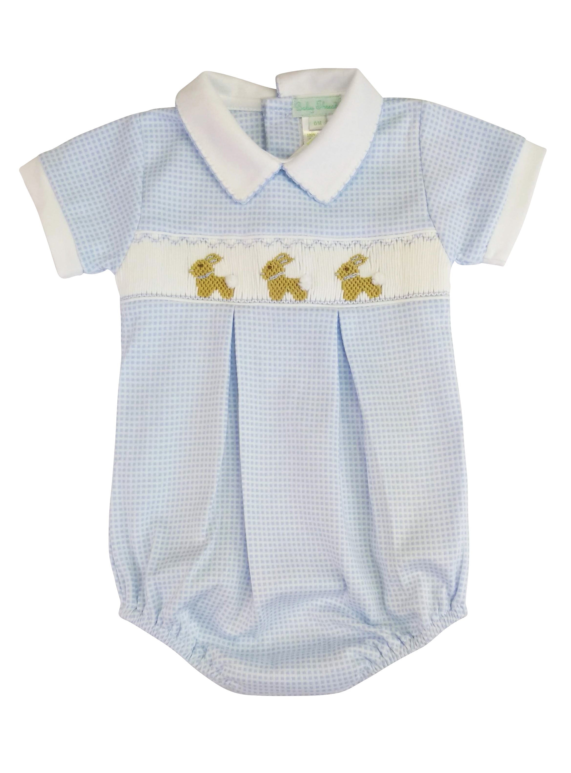 Baby Boy's Blue Check Smocked Bunny Romper - Little Threads Inc. Children's Clothing