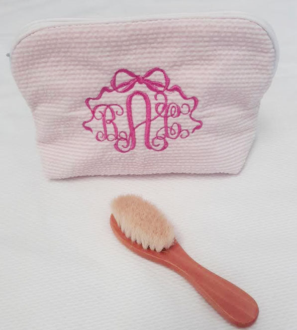 Pink Seersucker Bag and Wooden Hairbrush set - Little Threads Inc. Children's Clothing
