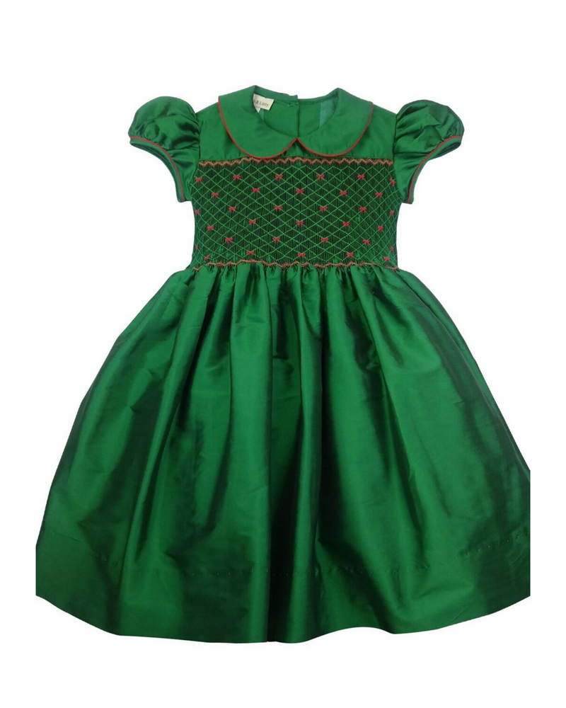 Green Silk Hand Smocked Dress - Little Threads Inc. Children's Clothing