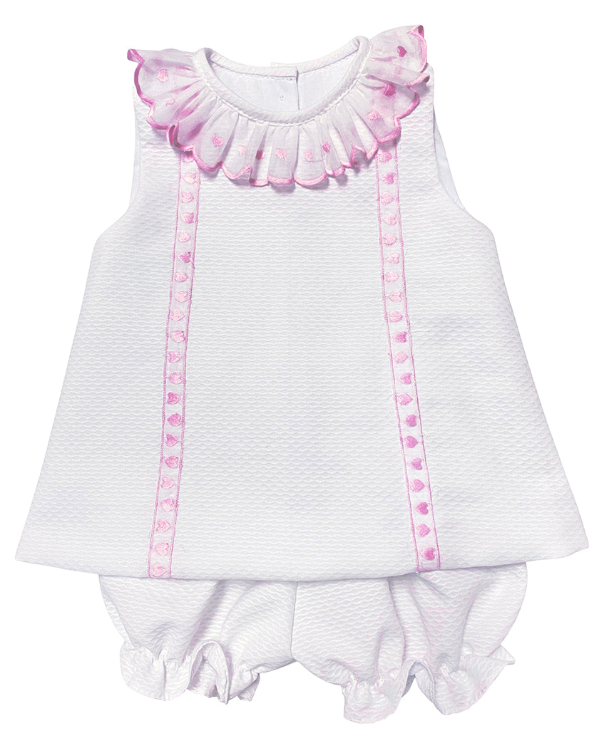 White pique pink trim Baby Popover - Little Threads Inc. Children's Clothing