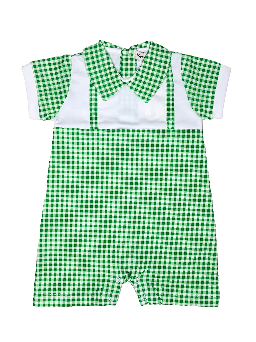 "Strawberry Patch" print Boys green checks pima Romper - Little Threads Inc. Children's Clothing