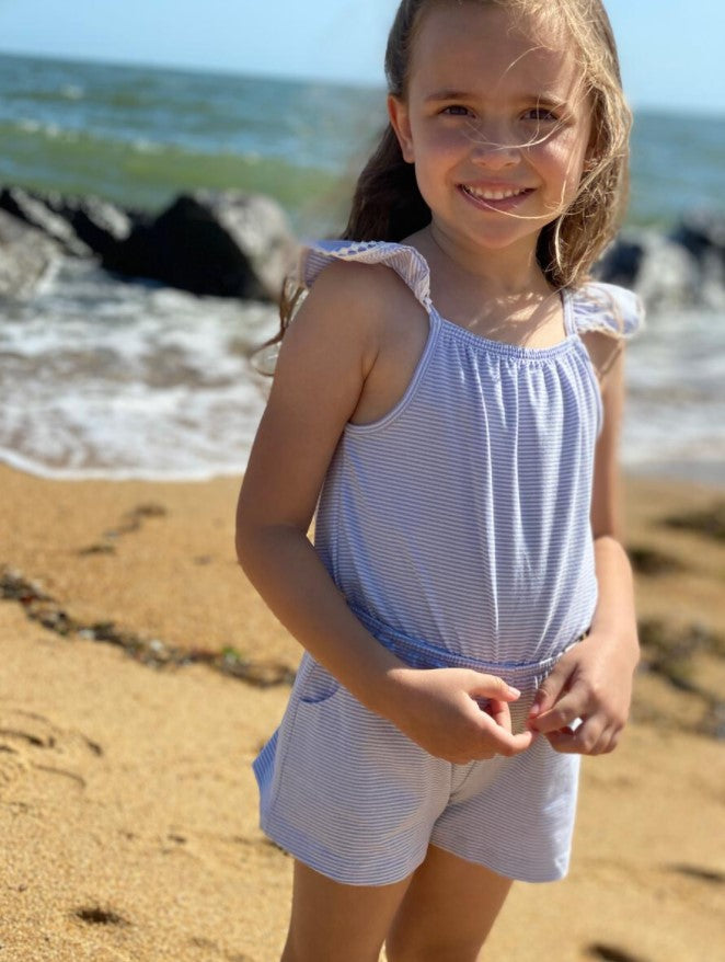 Blue Cotton knit short  girl's romper - Little Threads Inc. Children's Clothing