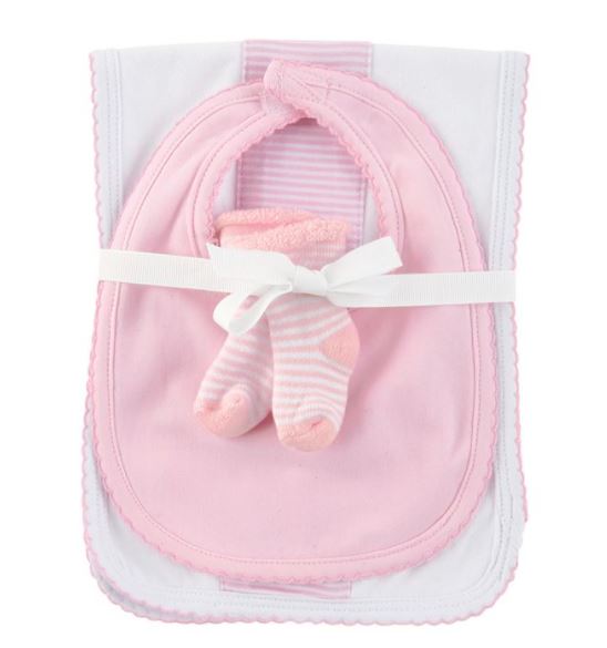 Pink Burp Pad, Bib and Socks  Baby Set - Little Threads Inc. Children's Clothing