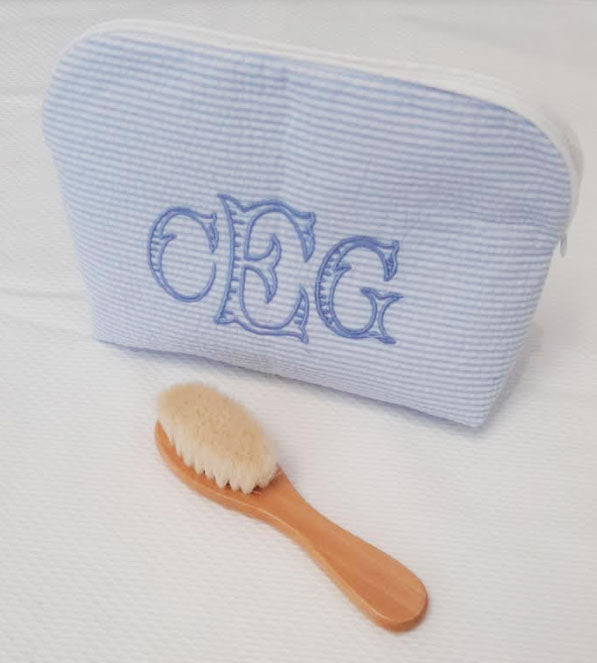 Blue seersucker bag and wooden Hairbrush set - Little Threads Inc. Children's Clothing