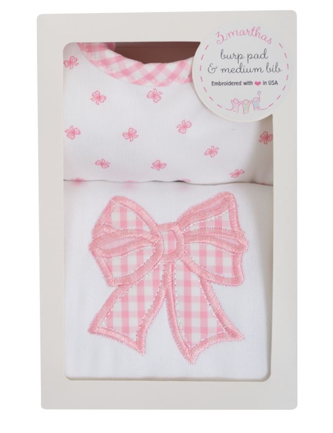 Bows applique burp pad and bib set. - Little Threads Inc. Children's Clothing