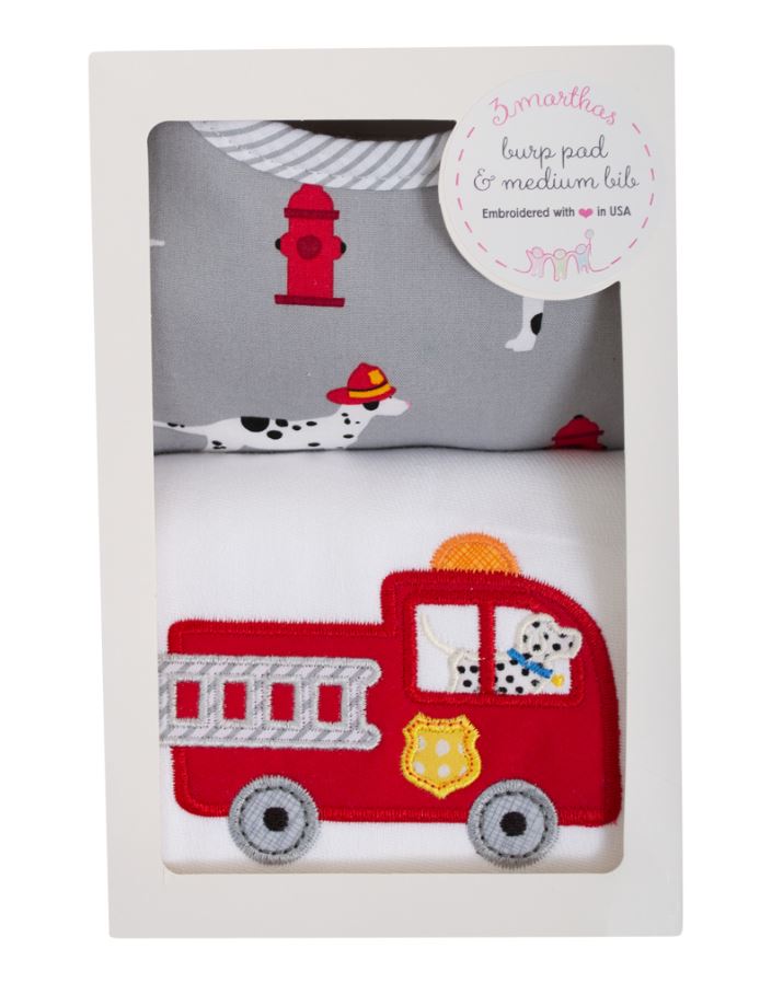 Firetruck applique burp pad and bib set. - Little Threads Inc. Children's Clothing