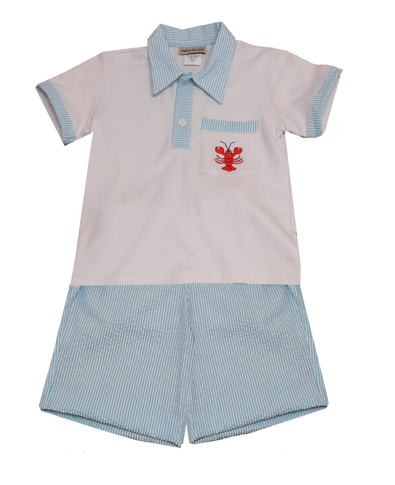 Boy's "Lobster" Seersucker Cotton Smocked Short Set - Little Threads Inc. Children's Clothing