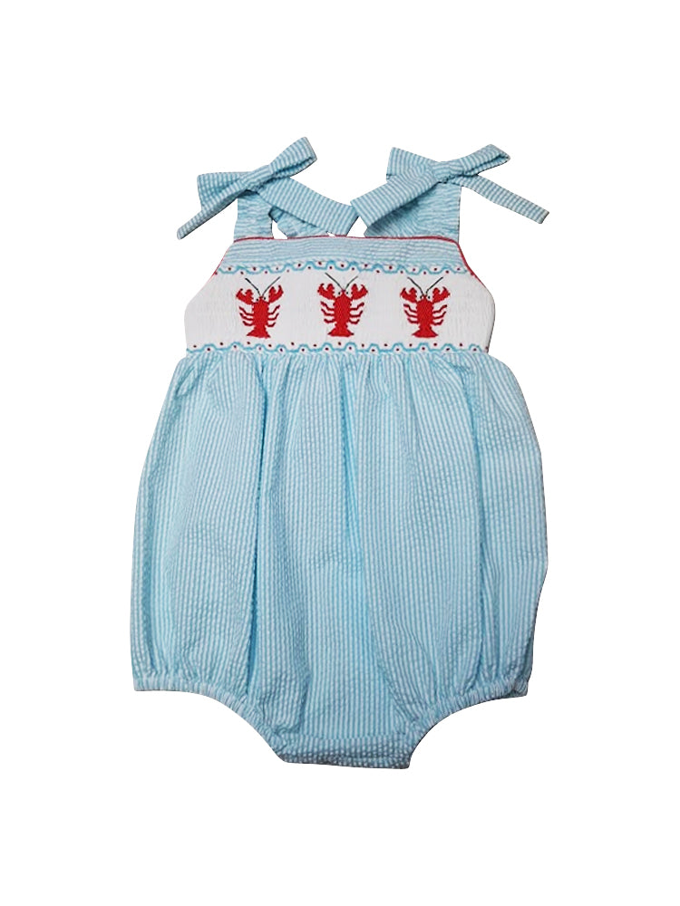 Baby Girl's "Lobsters" Seersucker Smocked Romper w/straps - Little Threads Inc. Children's Clothing