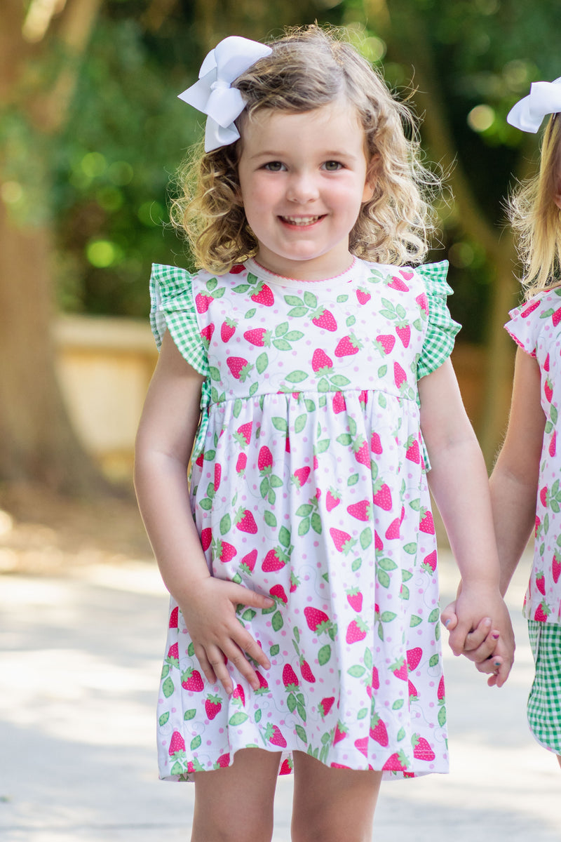 "Strawberry Patch" printed pima girl's ruffle dress - Little Threads Inc. Children's Clothing
